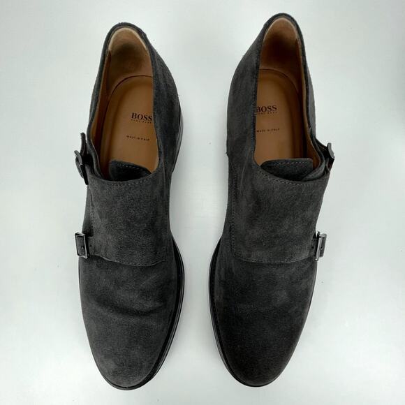 HUGO BOSS Gray Suede Double Monk Strap‎ Oxfords Mens (9.5) Buckle Italy Shoes - Picture 4 of 11